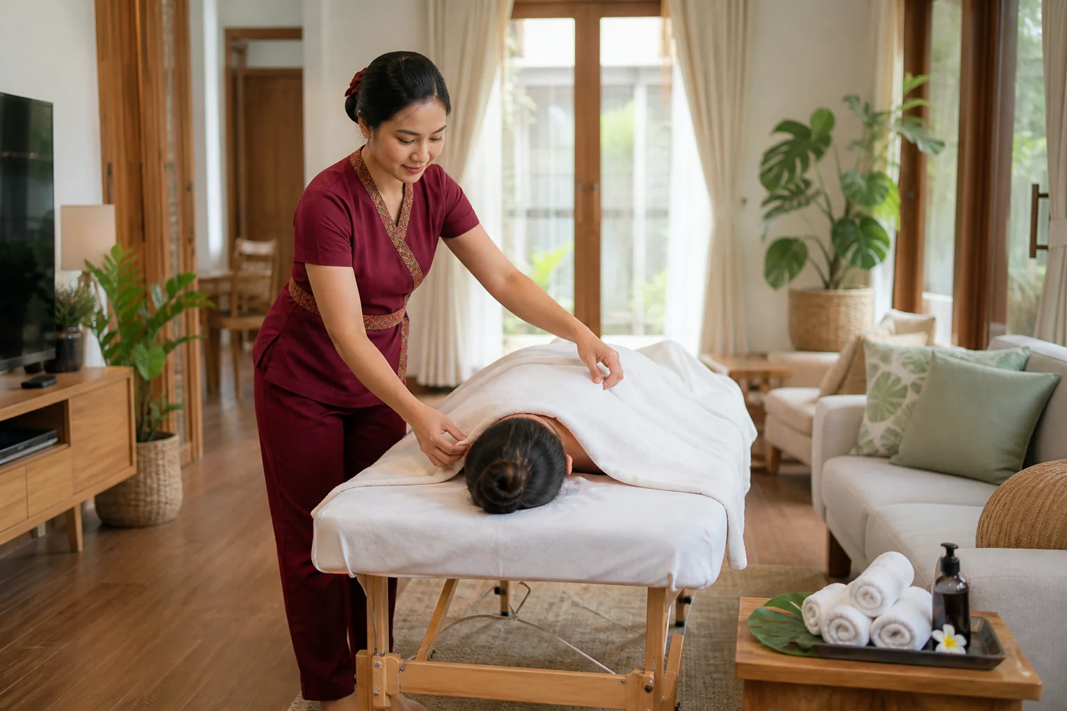 Professional Home Massage session prepared for an outcall appointment in Bangkok